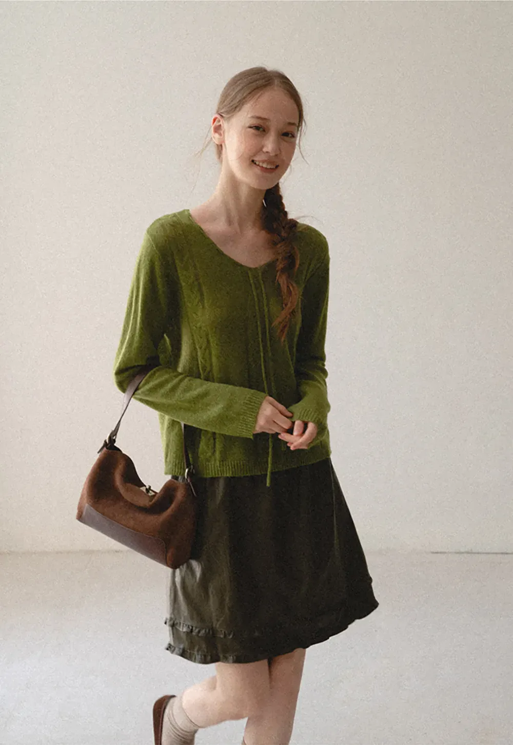 V Neck Drawstring Detail Woolen Knit Sweater