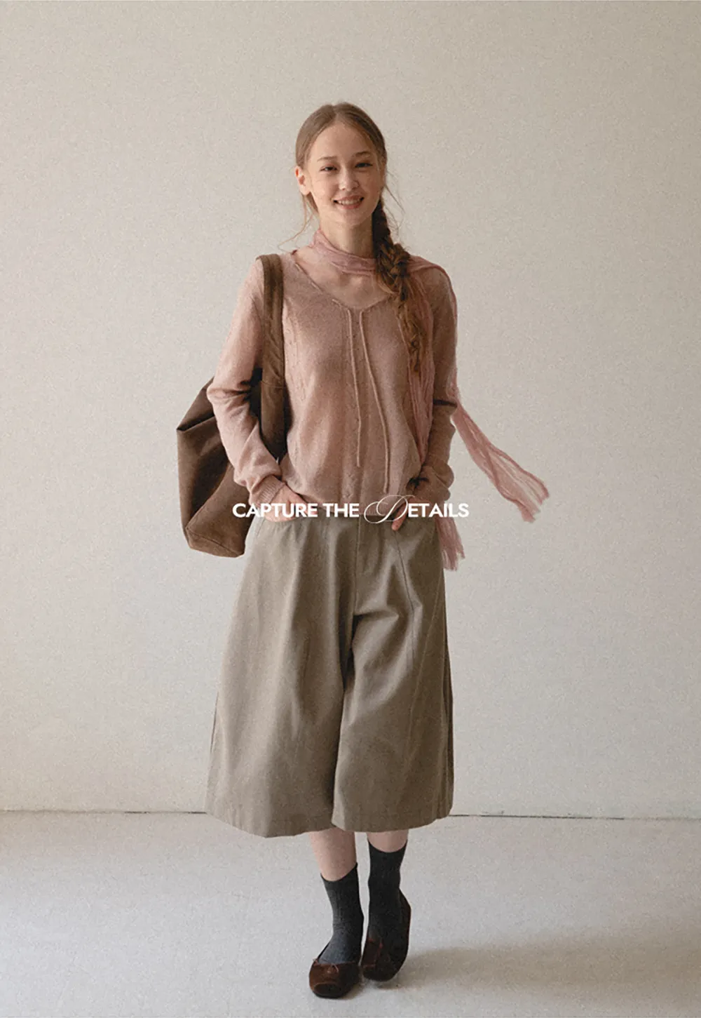 V Neck Drawstring Detail Woolen Knit Sweater