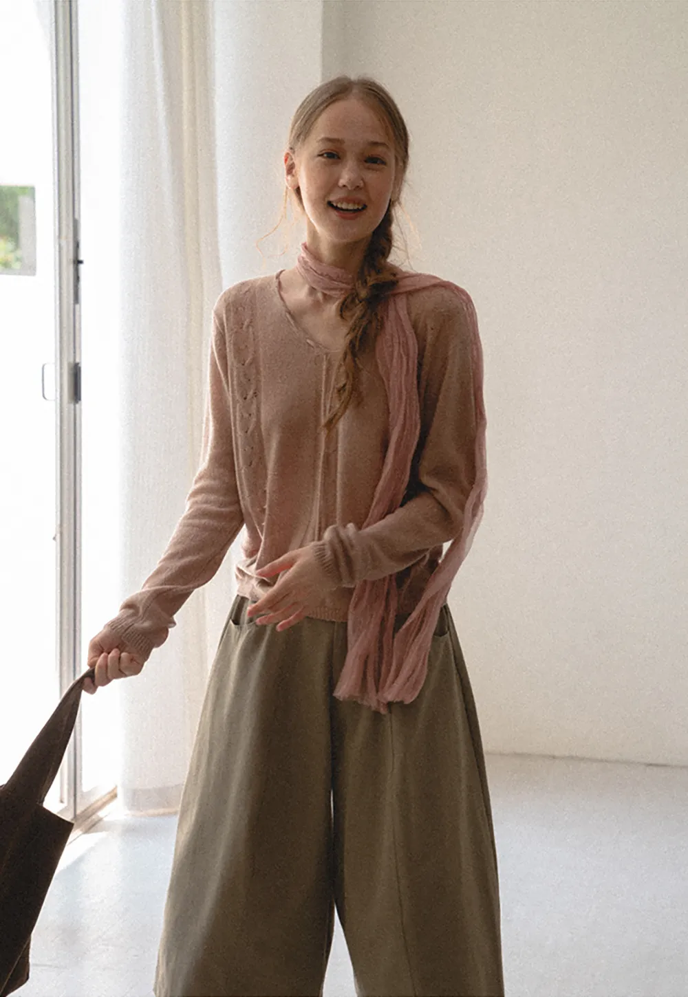 V Neck Drawstring Detail Woolen Knit Sweater