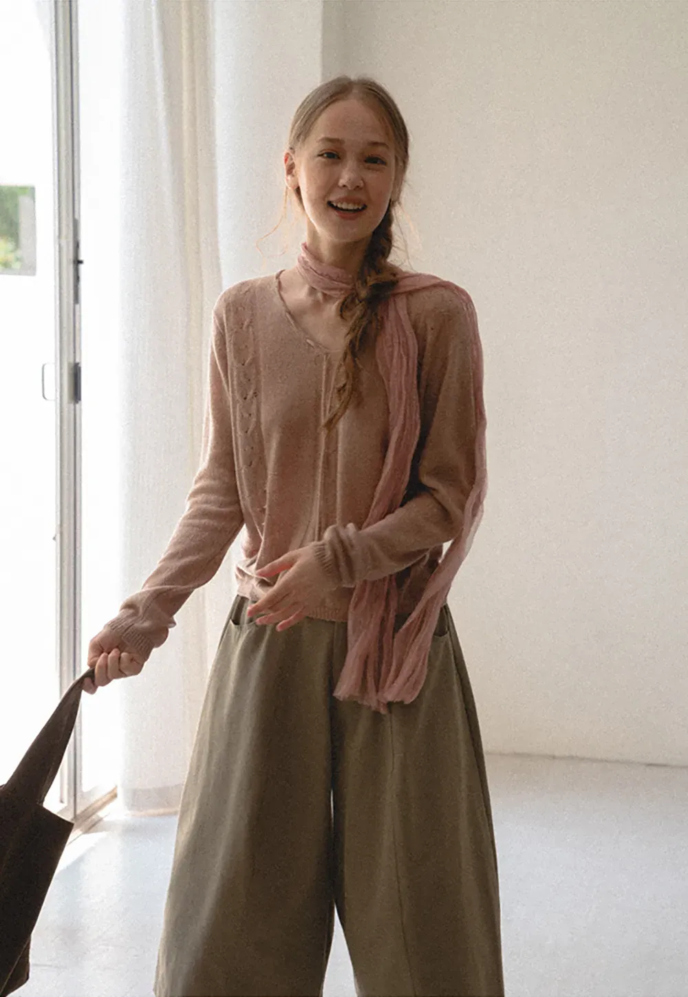V Neck Drawstring Detail Woolen Knit Sweater