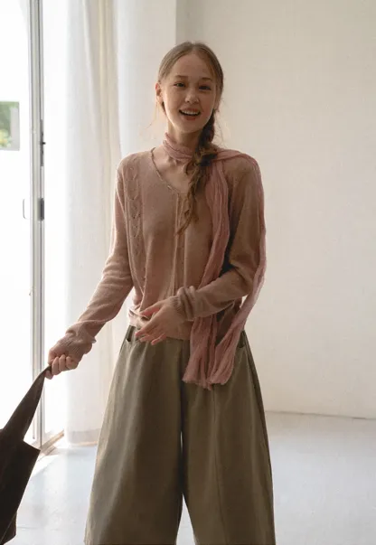V Neck Drawstring Detail Woolen Knit Sweater