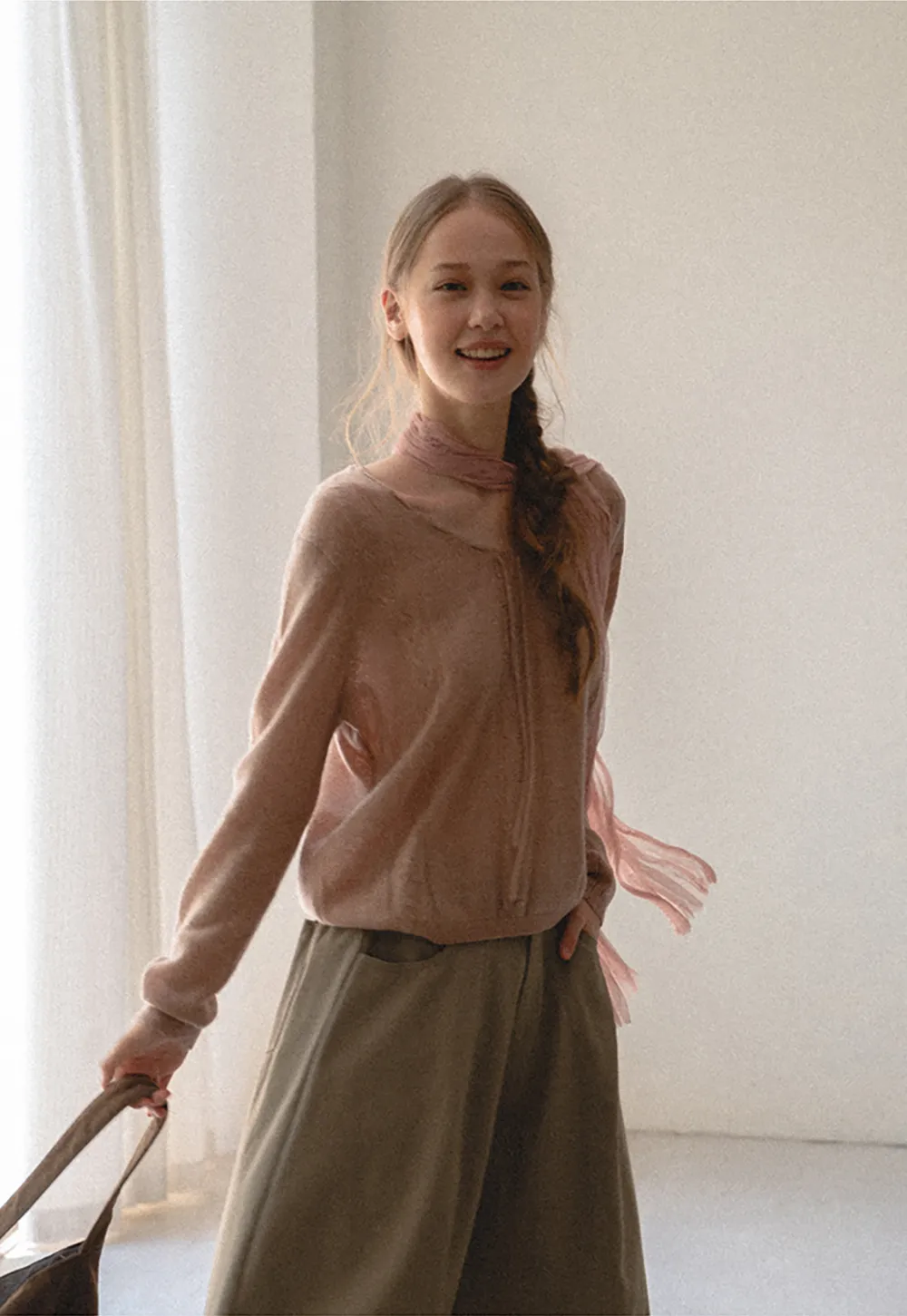 V Neck Drawstring Detail Woolen Knit Sweater