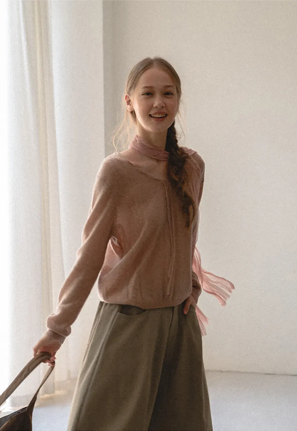 V Neck Drawstring Detail Woolen Knit Sweater