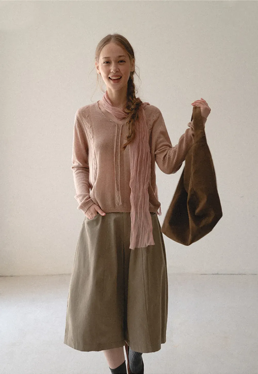 V Neck Drawstring Detail Woolen Knit Sweater