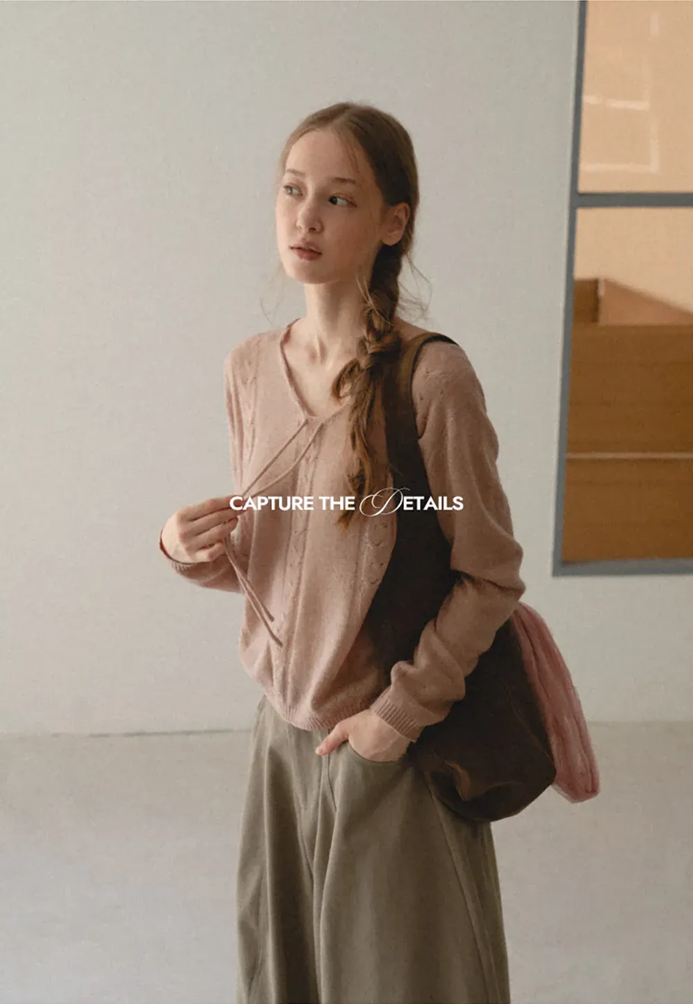 V Neck Drawstring Detail Woolen Knit Sweater