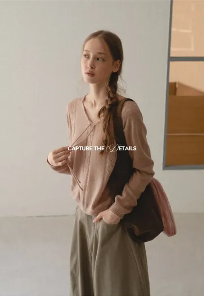 V Neck Drawstring Detail Woolen Knit Sweater
