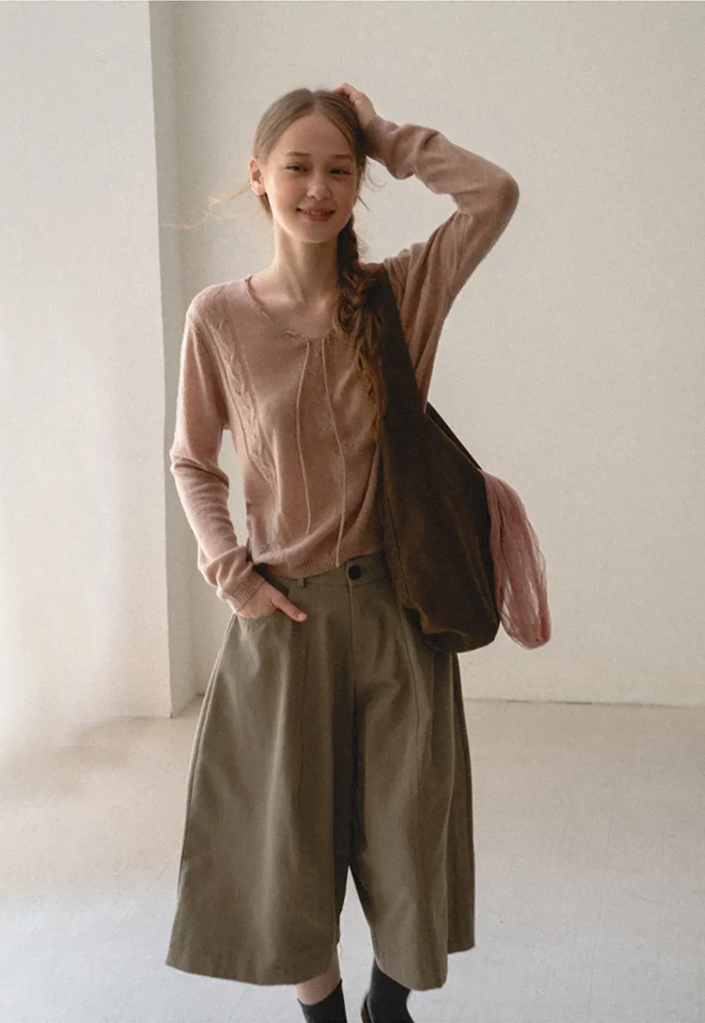 V Neck Drawstring Detail Woolen Knit Sweater