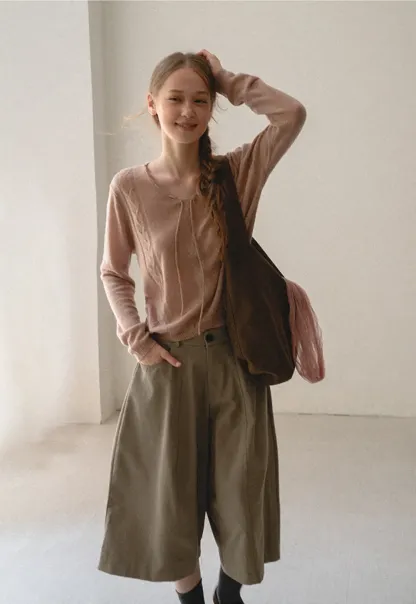 V Neck Drawstring Detail Woolen Knit Sweater