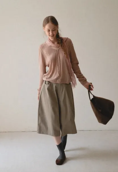 V Neck Drawstring Detail Woolen Knit Sweater