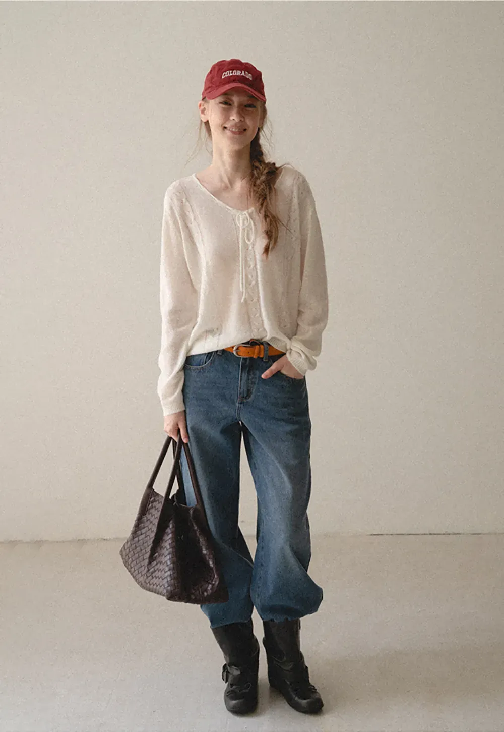 V Neck Drawstring Detail Woolen Knit Sweater