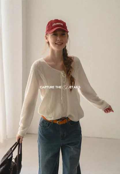 V Neck Drawstring Detail Woolen Knit Sweater