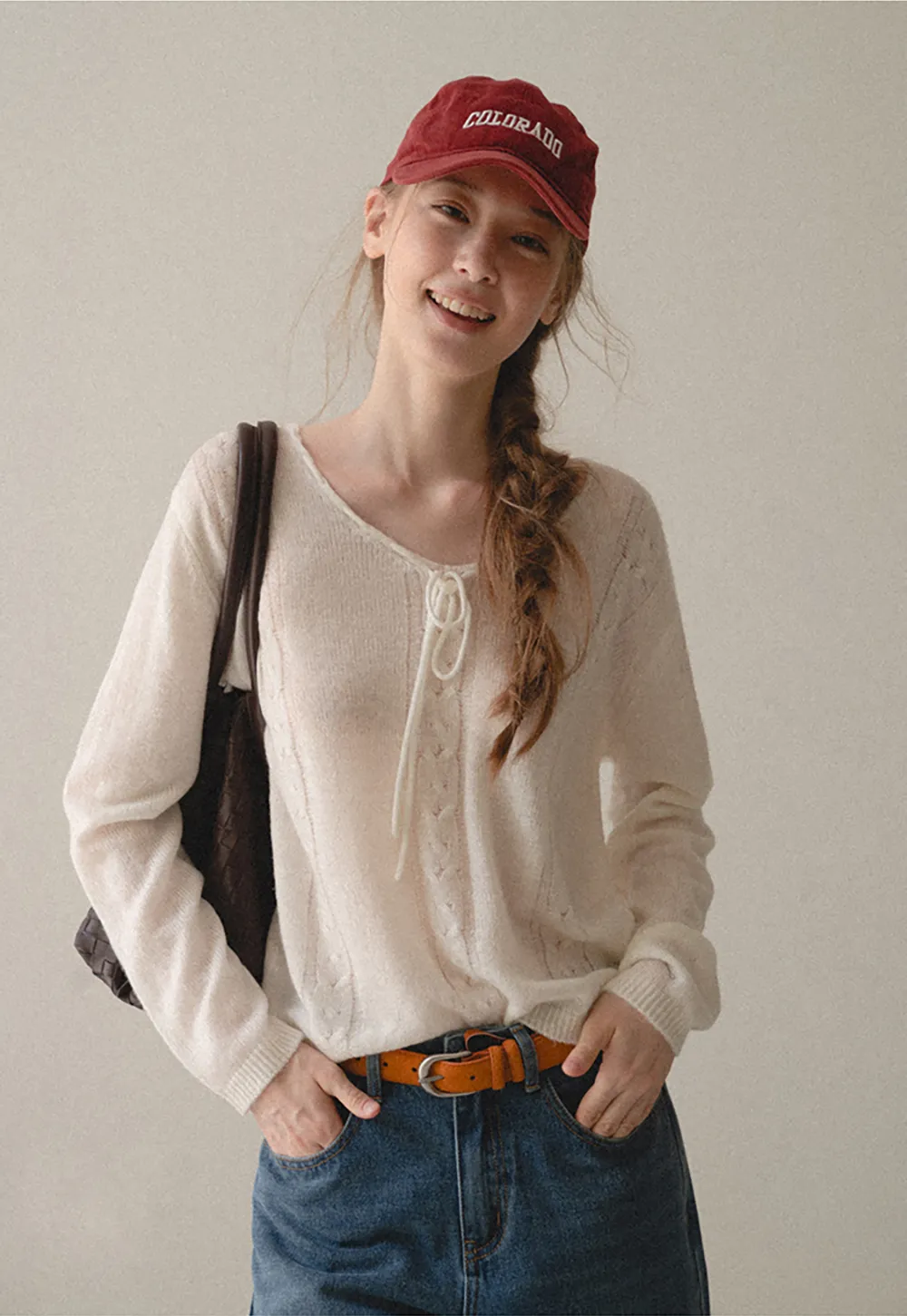 V Neck Drawstring Detail Woolen Knit Sweater