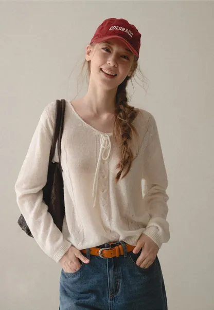 V Neck Drawstring Detail Woolen Knit Sweater