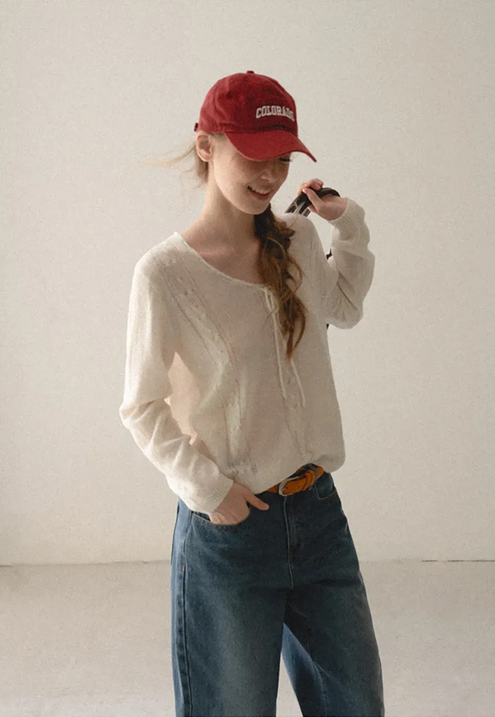 V Neck Drawstring Detail Woolen Knit Sweater