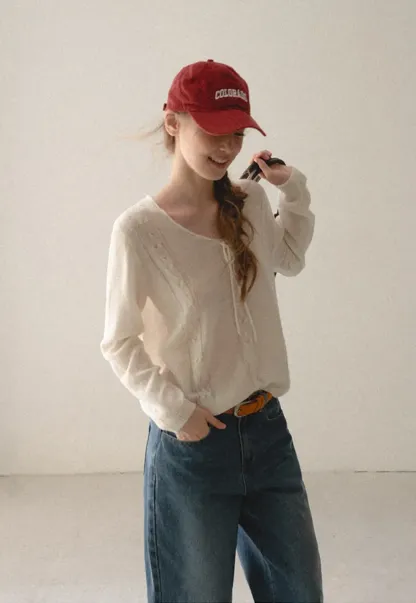 V Neck Drawstring Detail Woolen Knit Sweater
