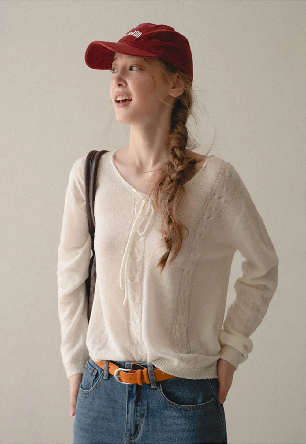 V Neck Drawstring Detail Woolen Knit Sweater