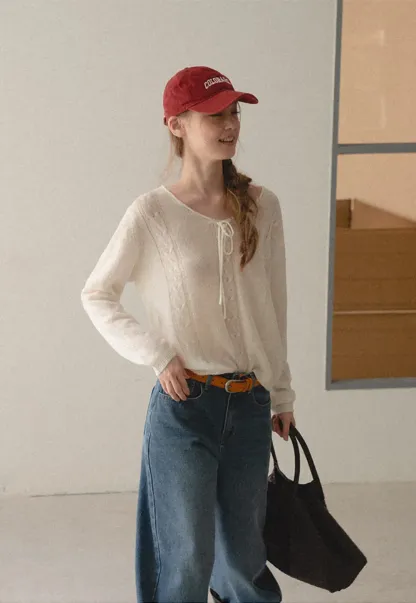 V Neck Drawstring Detail Woolen Knit Sweater