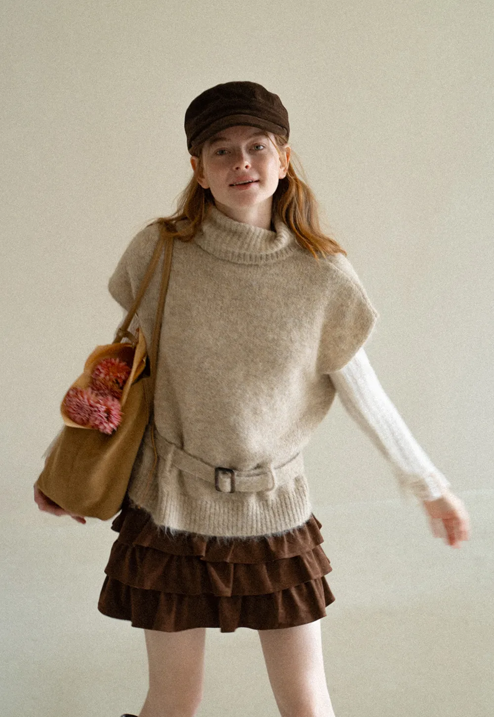 High Neck Belted Oversized Wool Knit Sweater