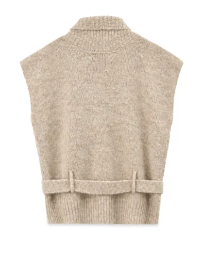 High Neck Belted Oversized Wool Knit Sweater