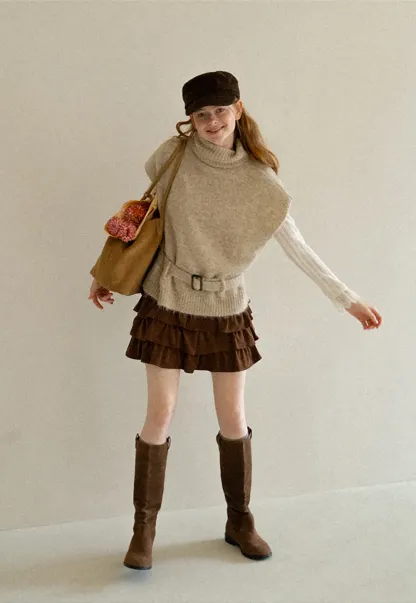 High Neck Belted Oversized Wool Knit Sweater