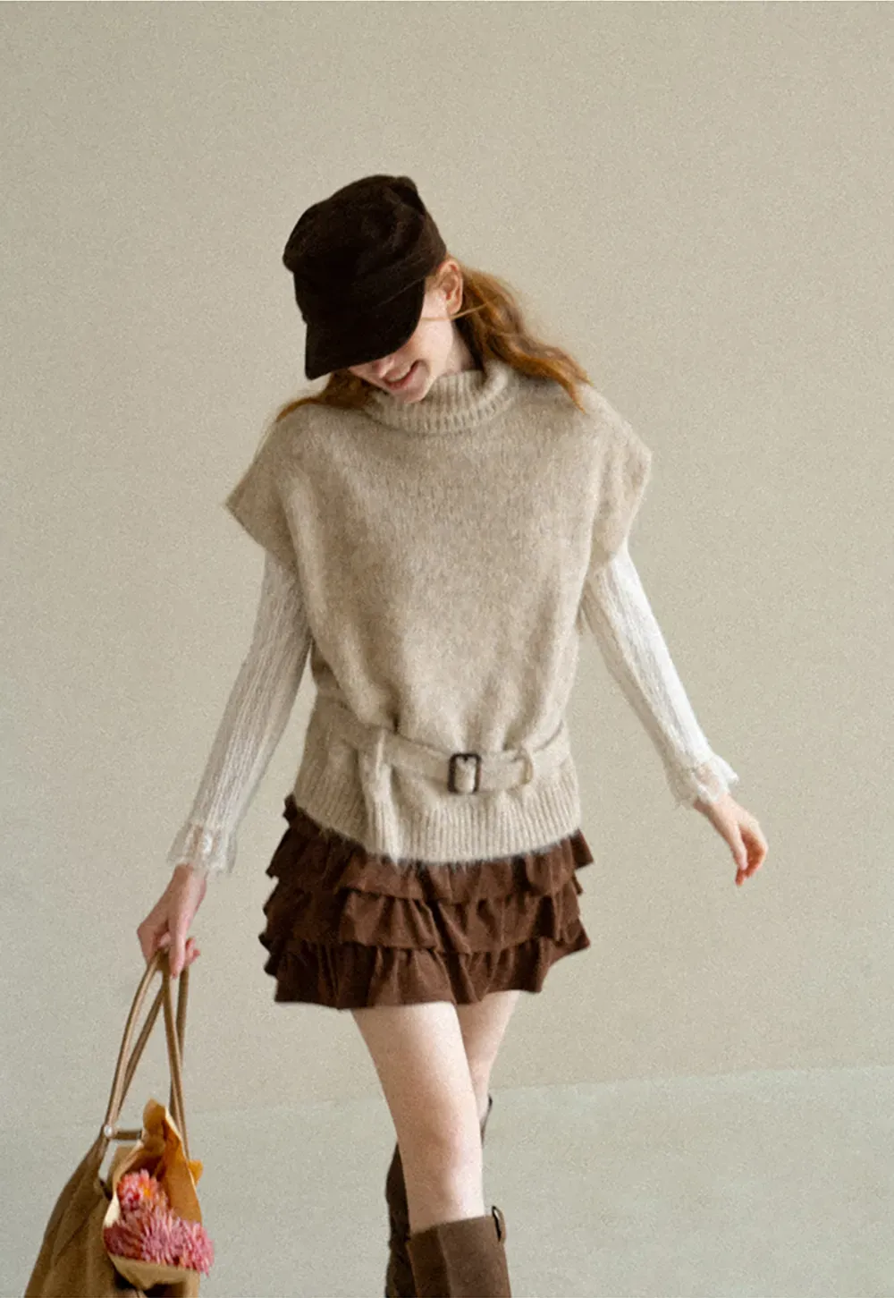 High Neck Belted Oversized Wool Knit Sweater