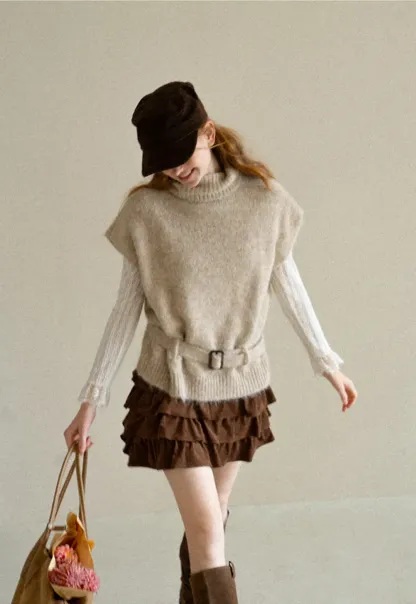 High Neck Belted Oversized Wool Knit Sweater
