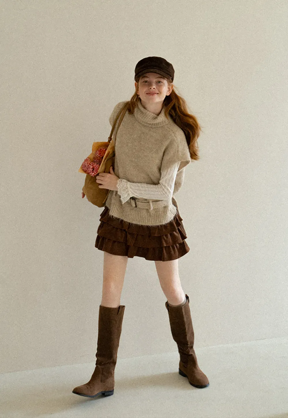 High Neck Belted Oversized Wool Knit Sweater