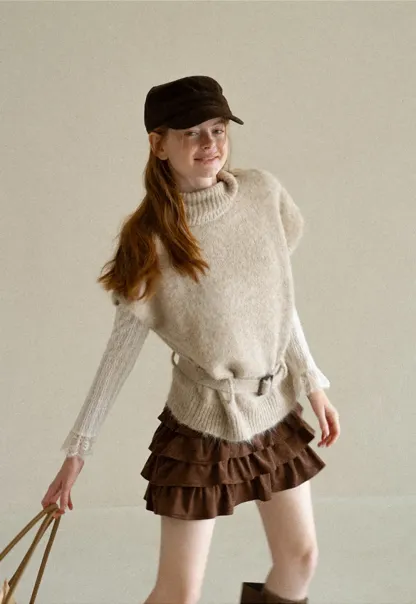 High Neck Belted Oversized Wool Knit Sweater