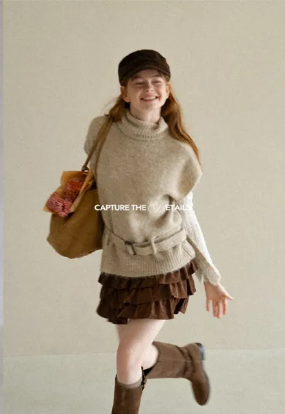 High Neck Belted Oversized Wool Knit Sweater