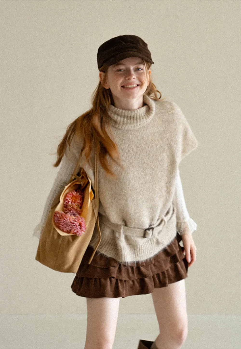 High Neck Belted Oversized Wool Knit Sweater
