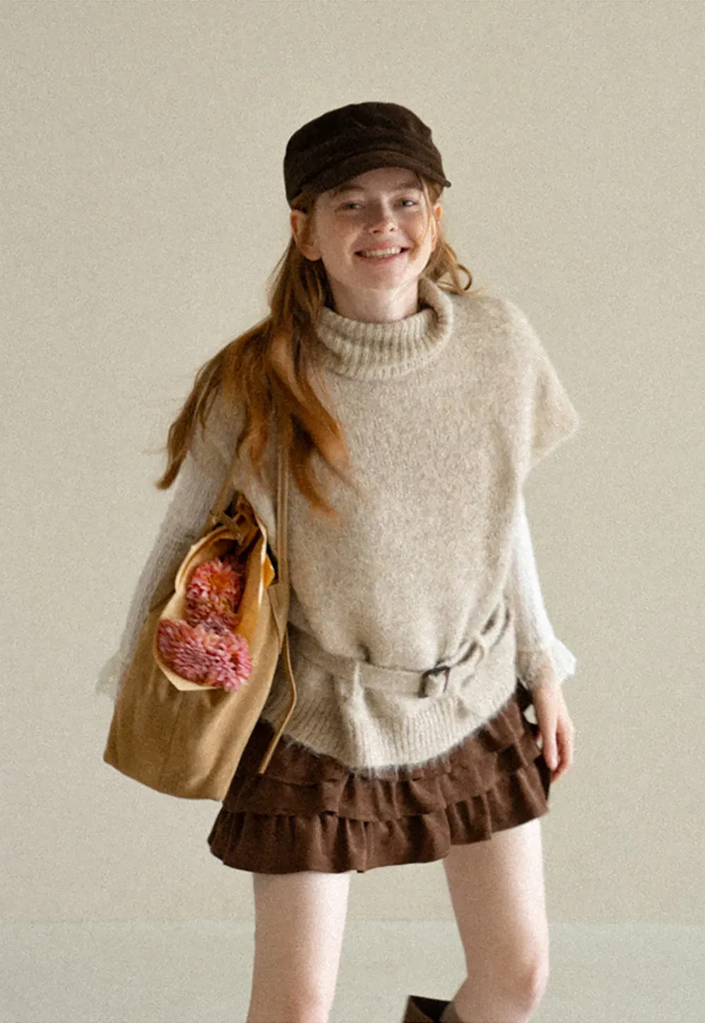 High Neck Belted Oversized Wool Knit Sweater