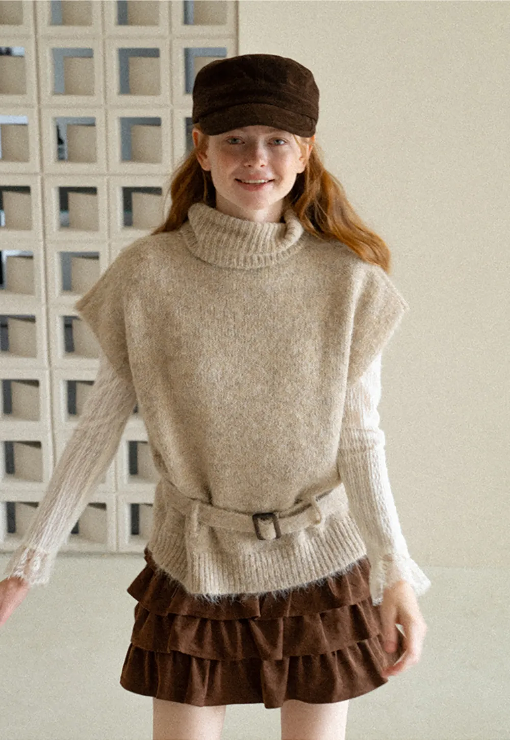 High Neck Belted Oversized Wool Knit Sweater