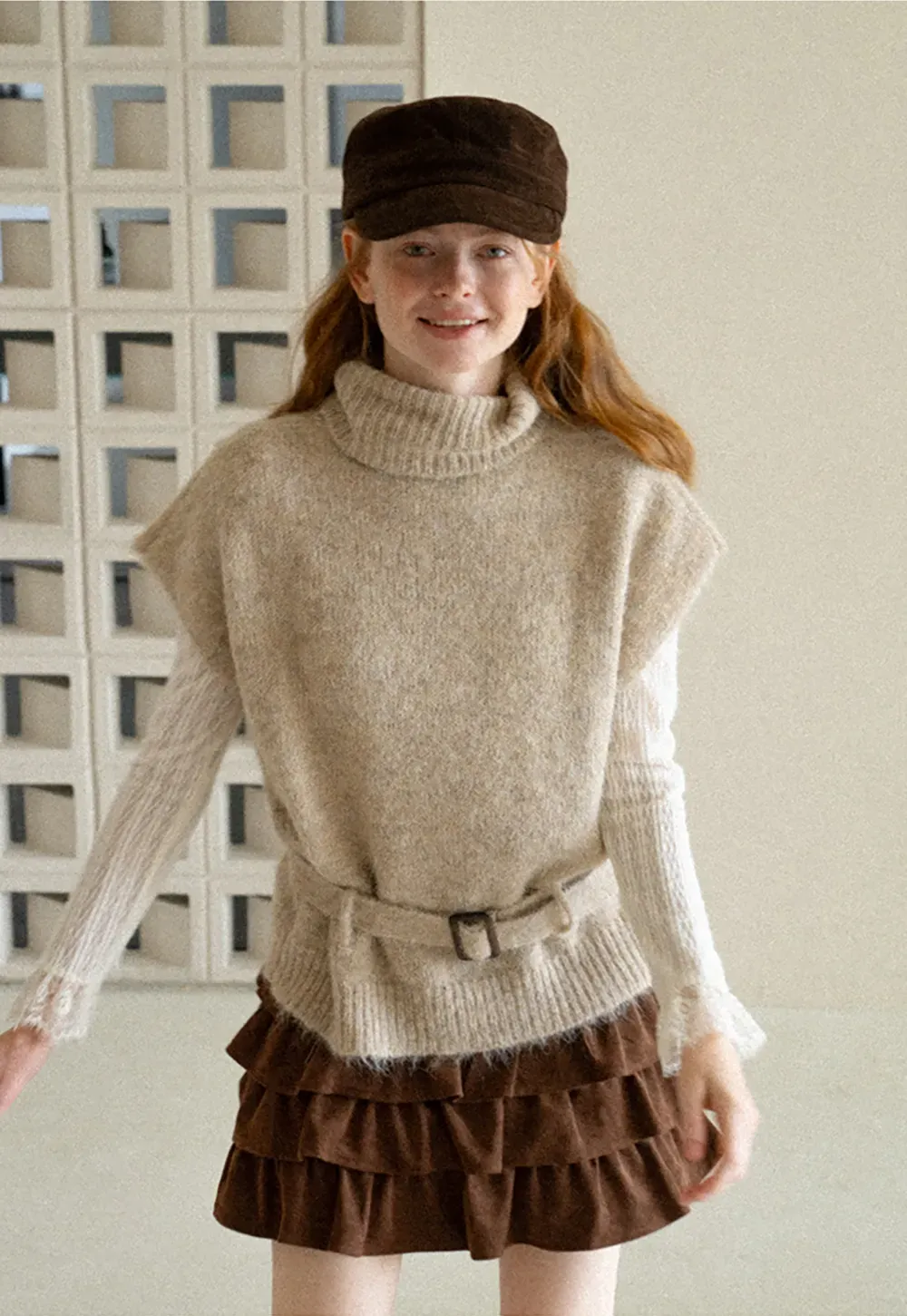 High Neck Belted Oversized Wool Knit Sweater