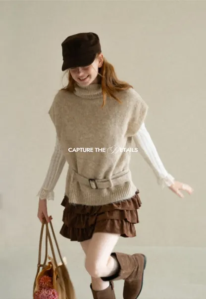 High Neck Belted Oversized Wool Knit Sweater