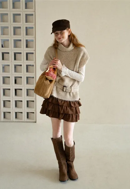 High Neck Belted Oversized Wool Knit Sweater
