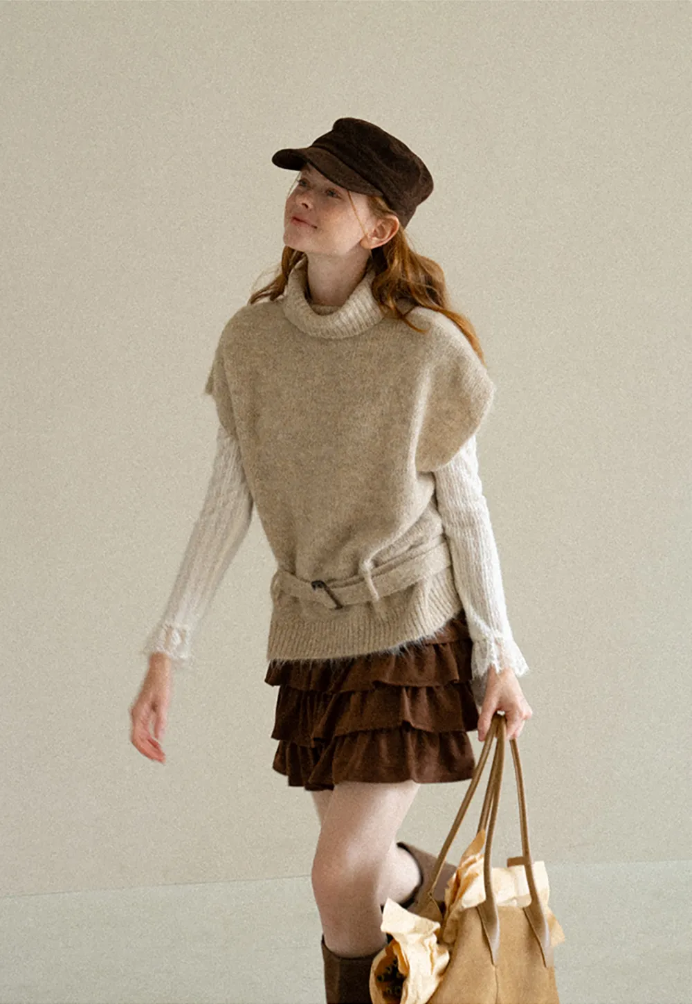 High Neck Belted Oversized Wool Knit Sweater