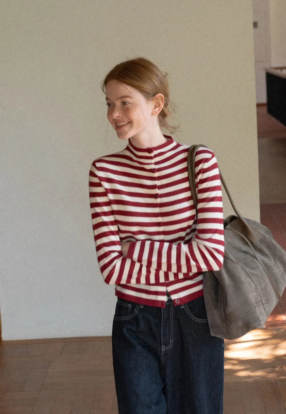 Striped Ribbed Knit Cardigan with Stand Collar
