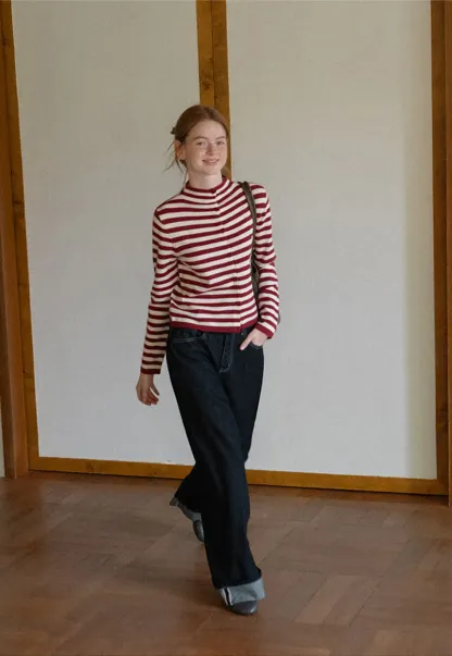 Striped Ribbed Knit Cardigan with Stand Collar