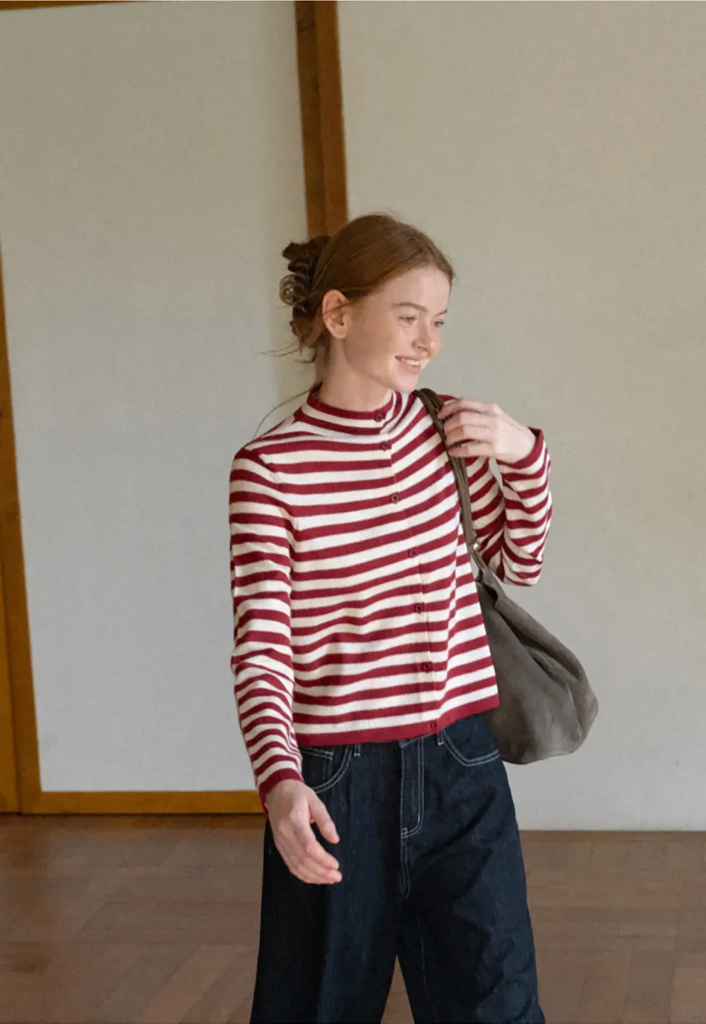 Striped Ribbed Knit Cardigan with Stand Collar