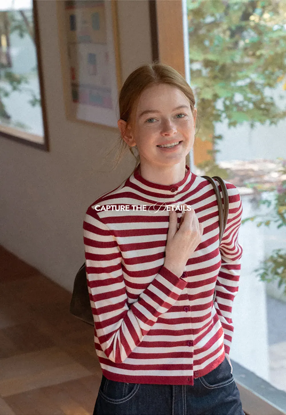 Striped Ribbed Knit Cardigan with Stand Collar