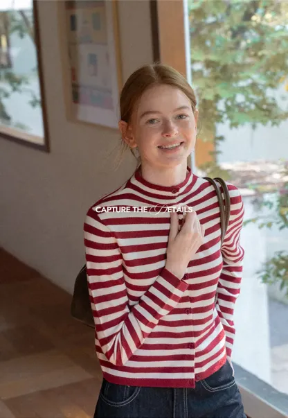 Striped Ribbed Knit Cardigan with Stand Collar