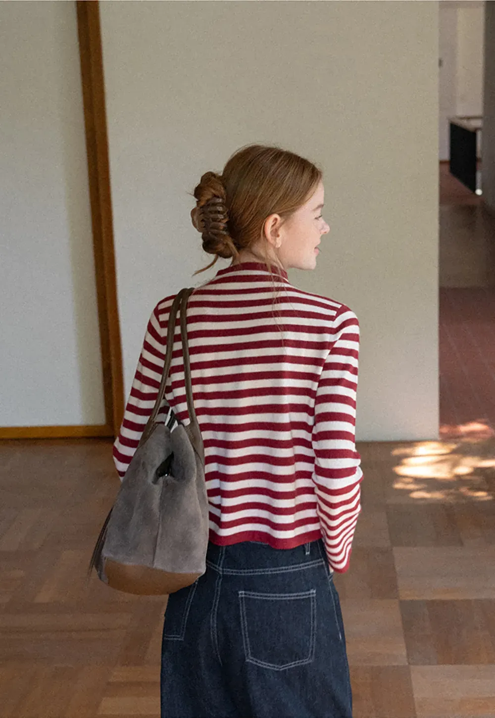 Striped Ribbed Knit Cardigan with Stand Collar