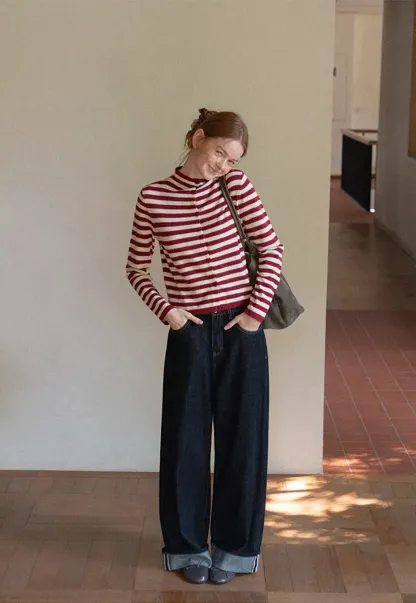 Striped Ribbed Knit Cardigan with Stand Collar