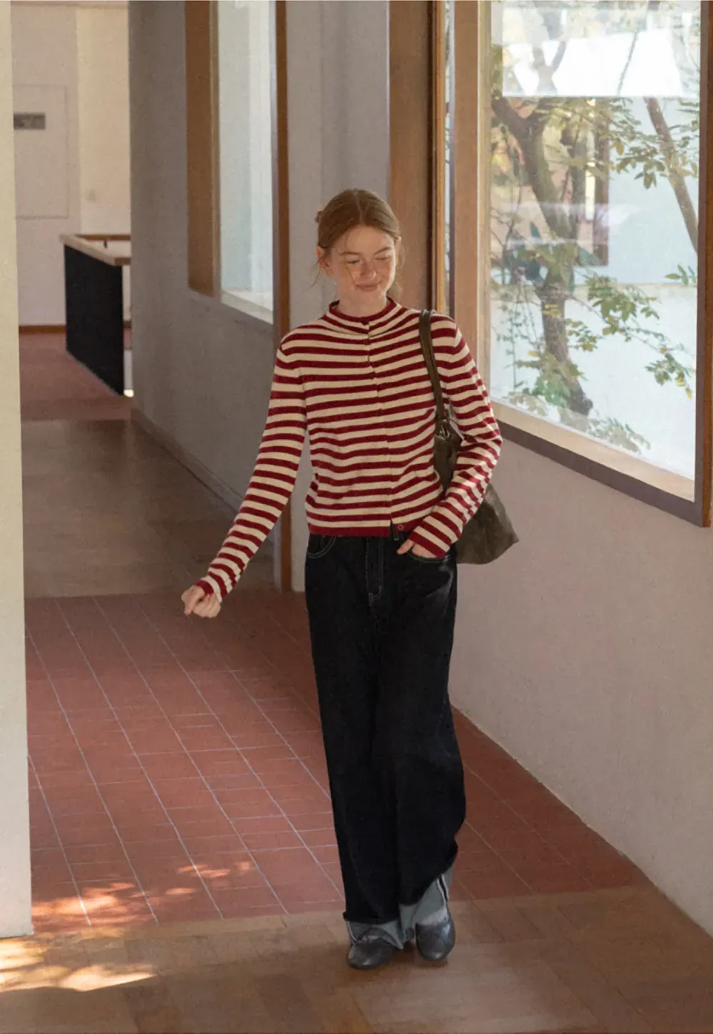 Striped Ribbed Knit Cardigan with Stand Collar