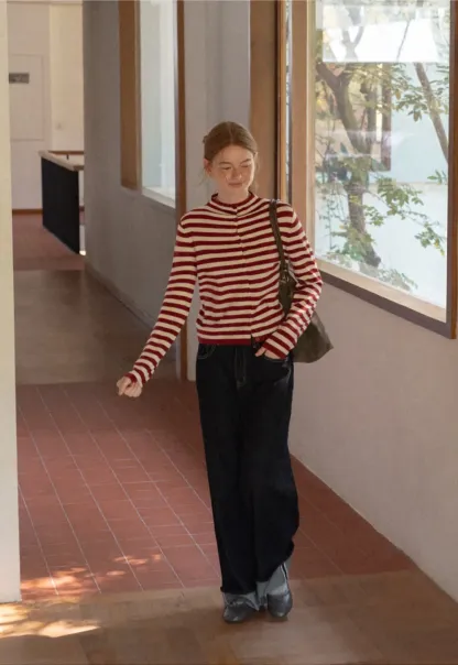 Striped Ribbed Knit Cardigan with Stand Collar