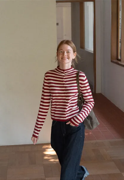 Striped Ribbed Knit Cardigan with Stand Collar