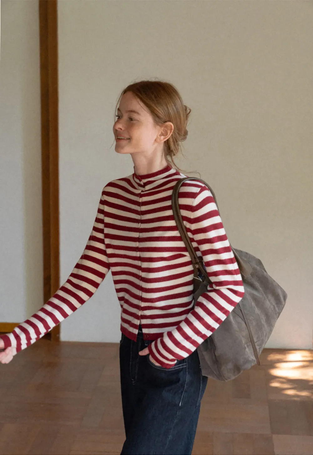 Striped Ribbed Knit Cardigan with Stand Collar