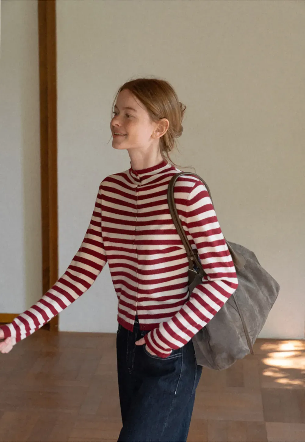 Striped Ribbed Knit Cardigan with Stand Collar