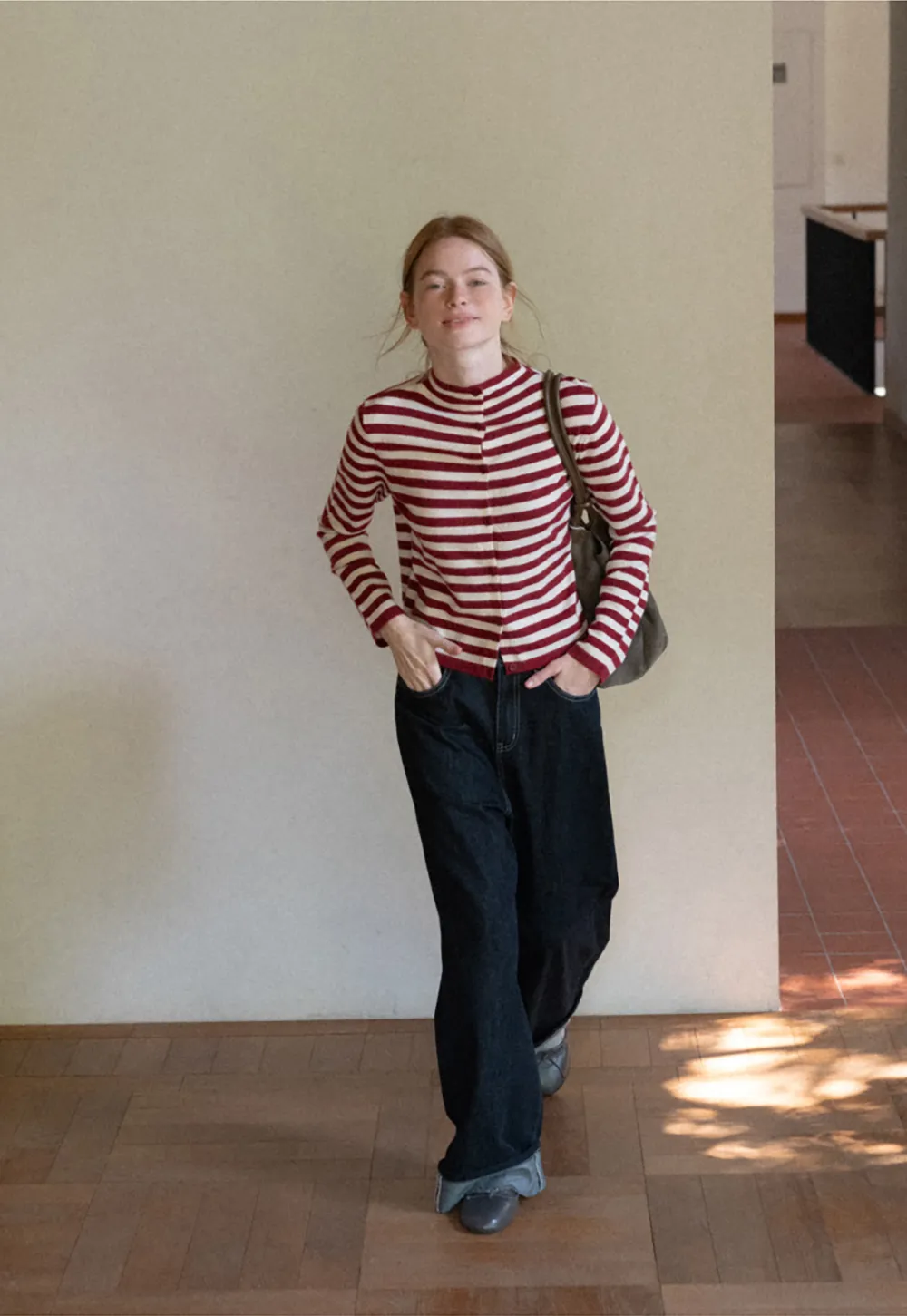 Striped Ribbed Knit Cardigan with Stand Collar
