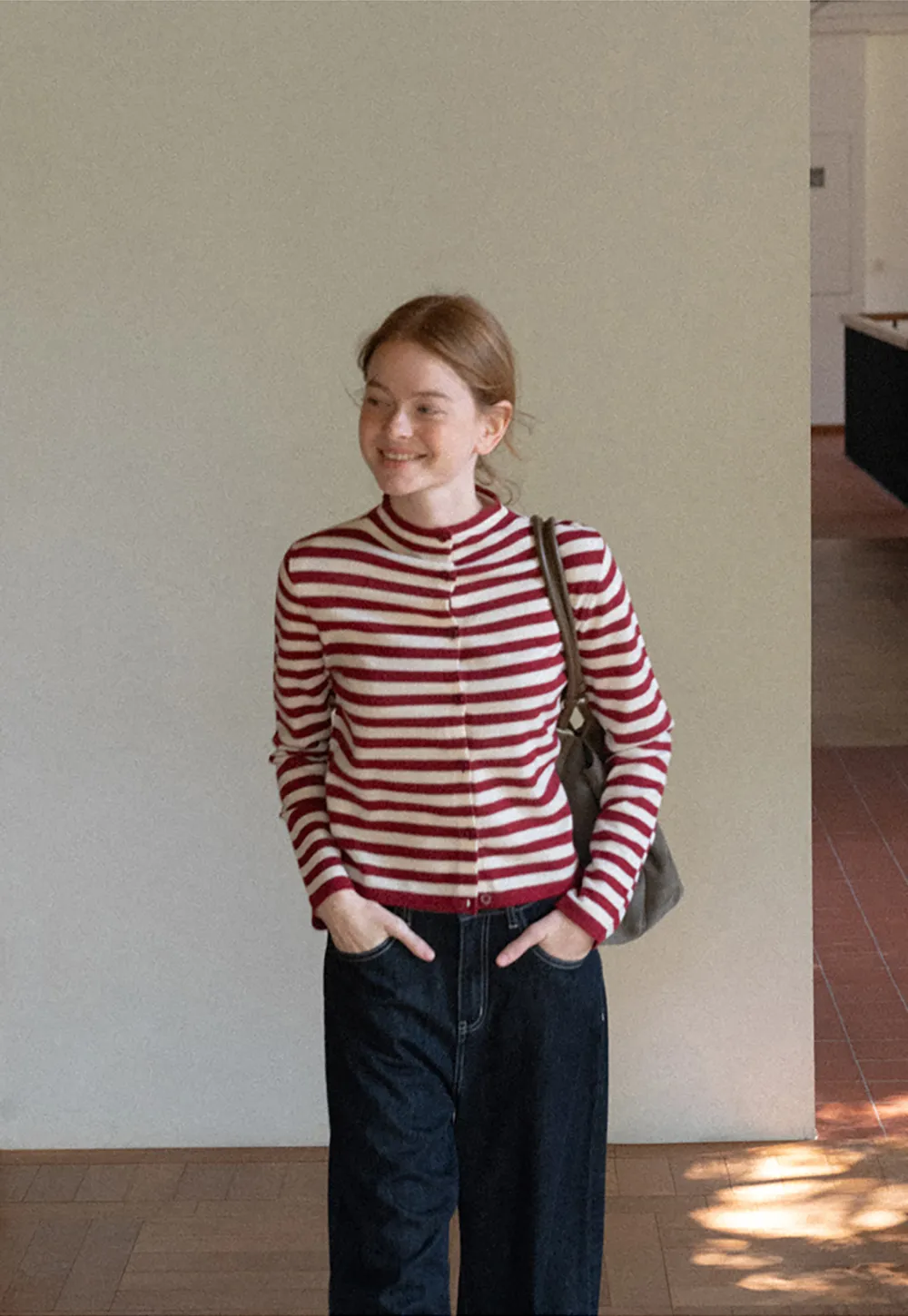 Striped Ribbed Knit Cardigan with Stand Collar